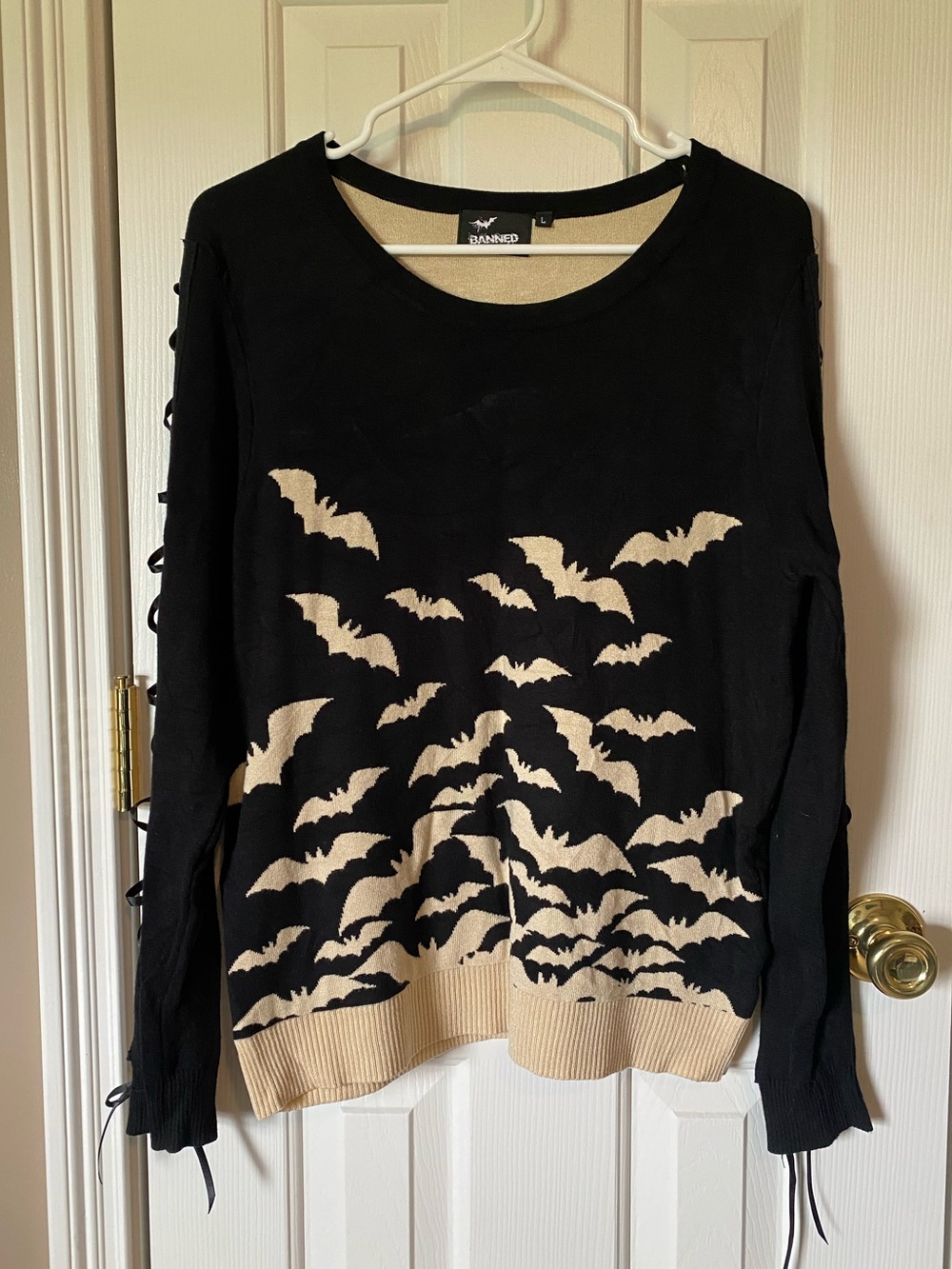 Banned Black Sweater with Cream Bat Pattern and Ribbon Sleeves Size L